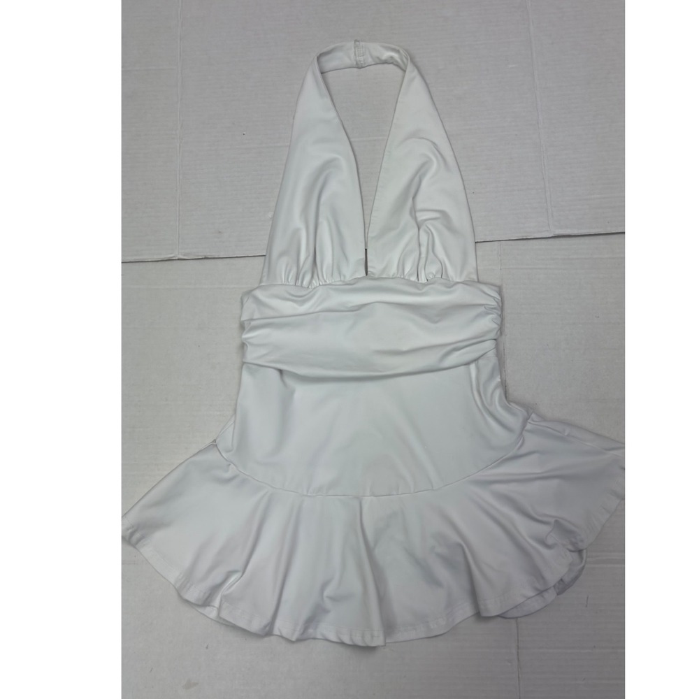 Halter Athletic Romper Dress Size 6 Medium White Ruched Ruffle V-Neck